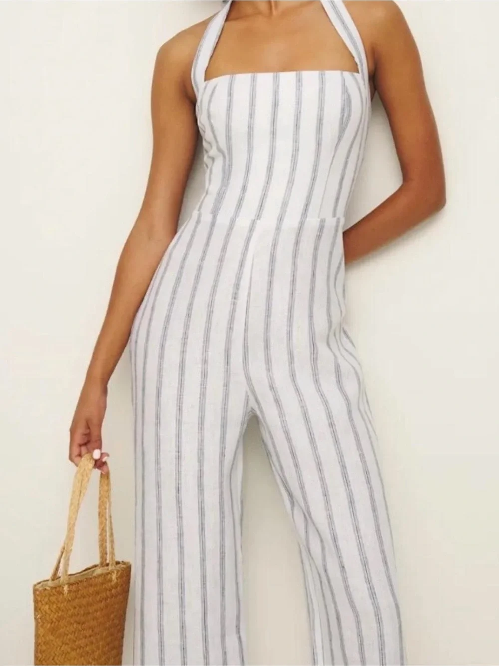 Reformation Malika Linen Jumpsuit Harbor Stripe 10 Sleeveless Halter Blue White